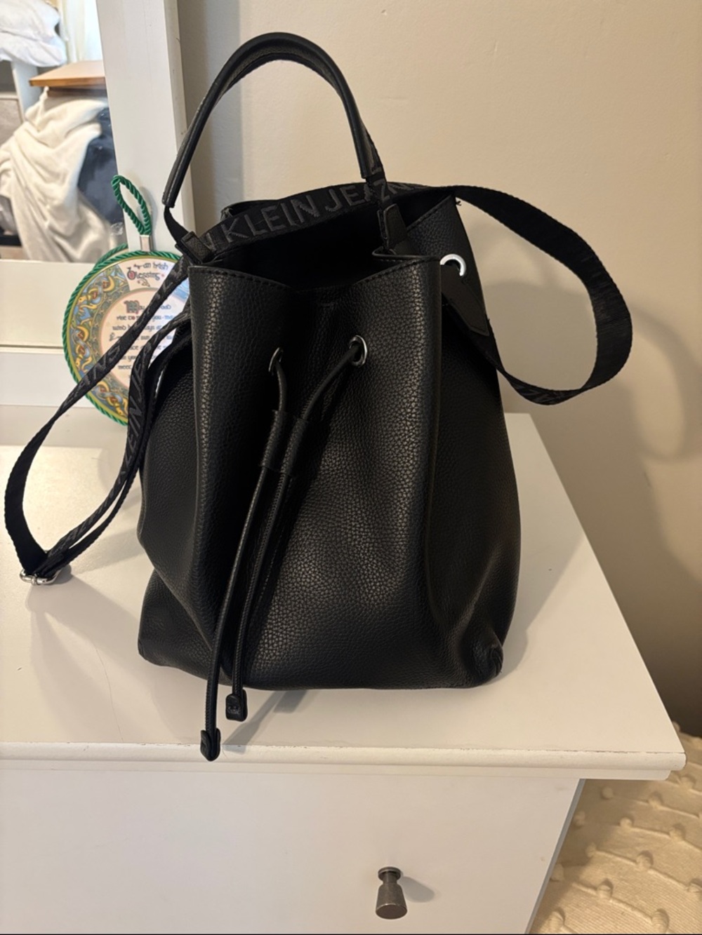 Calvin Klein Black Pebbled Drawstring Bucket Bag